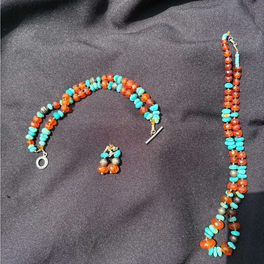 Vintage turquoise and amber necklace, bracelet and earrings